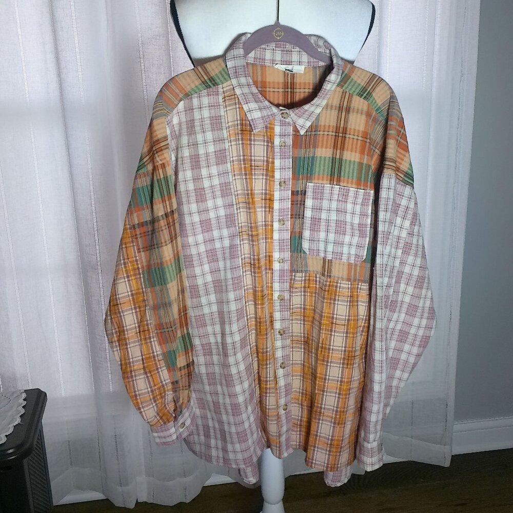 EASEL Los Angeles Snow Wash Mixed Plaid Patchwork Boho Button Down Shirt Size L - Picture 3 of 11